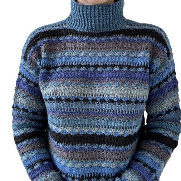 Hand Knit Crochet Blue 100% Llama Hand Made Mock Neck Hippie Sweater Sz M - Picture 1 of 8